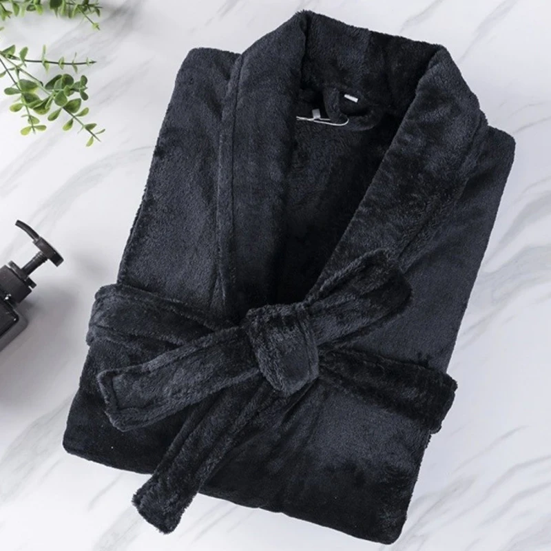 Winter Flannel Nightgown Sexy Lapel Bath Robe Kimono Gown Casual Home Wear Coral Fleece Thick Warm Nightdress Couple Sleepwear