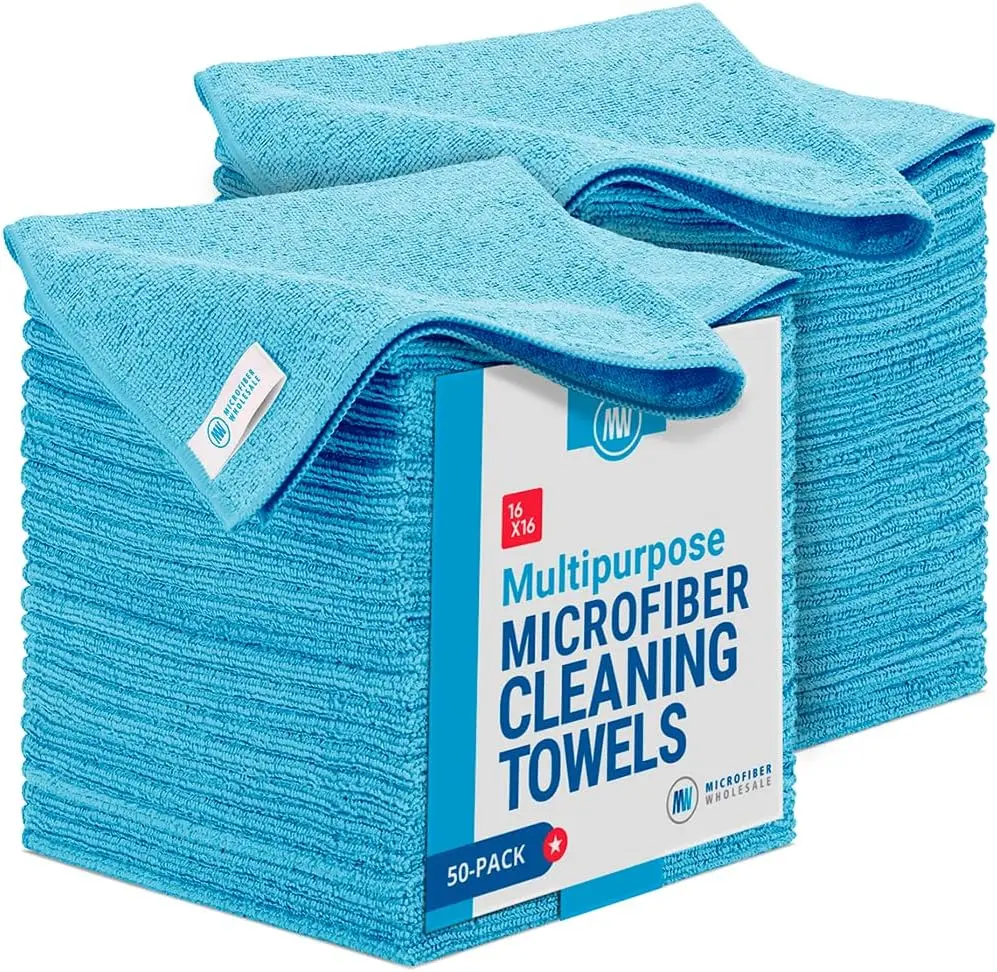 

Microfiber Towels 16x16 Inch, 50 Pack Reusable for Cleaning Kitchen Car Shop Blue