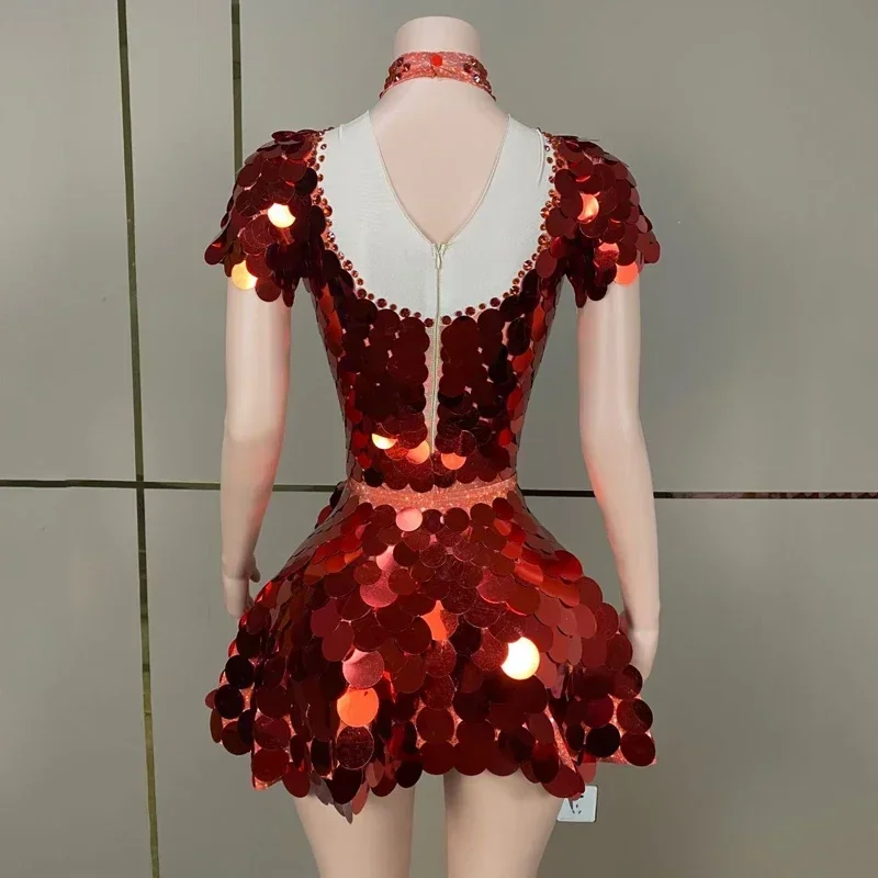 Red Sequins Rhinestones Dress Women Celebrate Evening Dresses Drag Queen Outfit Group Stage Jazz Gogo Dancer Costume