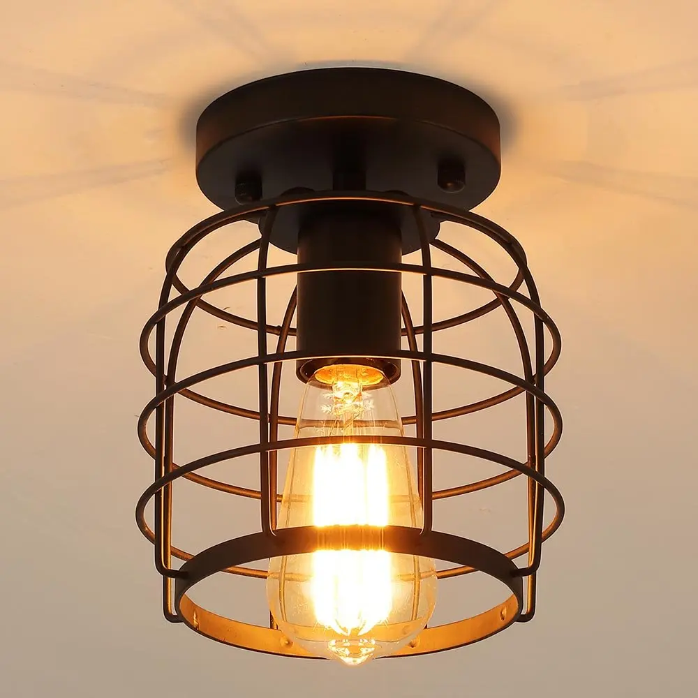 Industrial Vintage Flush Mount Ceiling Light,Rustic Metal Cage Pendant Lighting Lamp Fixture for Hallway Stairway Kitchen Garage