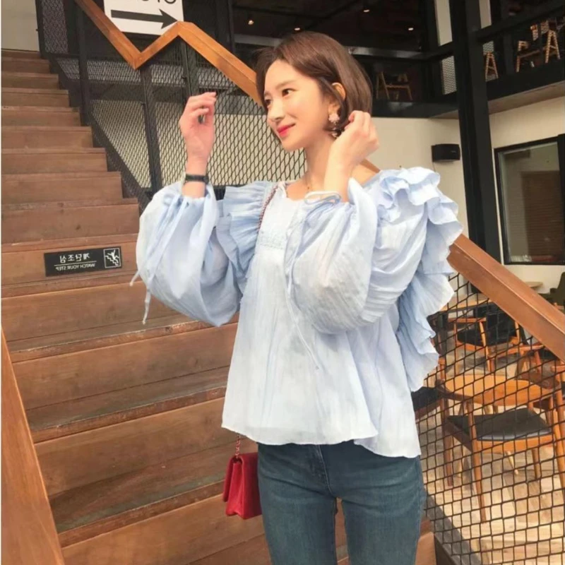 Blau Rüschen Blusen Frauen Lose Frühling Kleidung Zarte Vintage Frauen Trendy Neue Kollektion Koreanischen Stil Tops Mujer Stilvolle