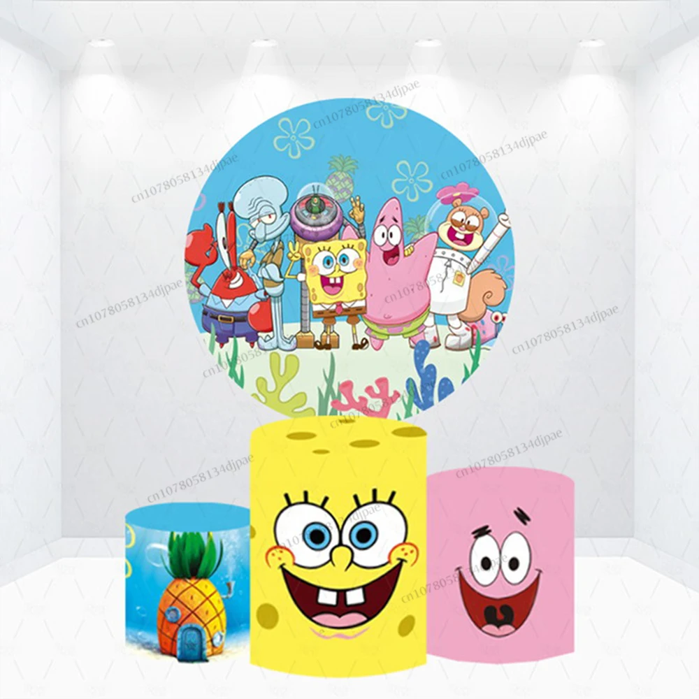 ספוגים אני מוכן נושא רקע יום הולדת שמח באנר ילד מסיבת רקע עגול כיסוי צילינדר