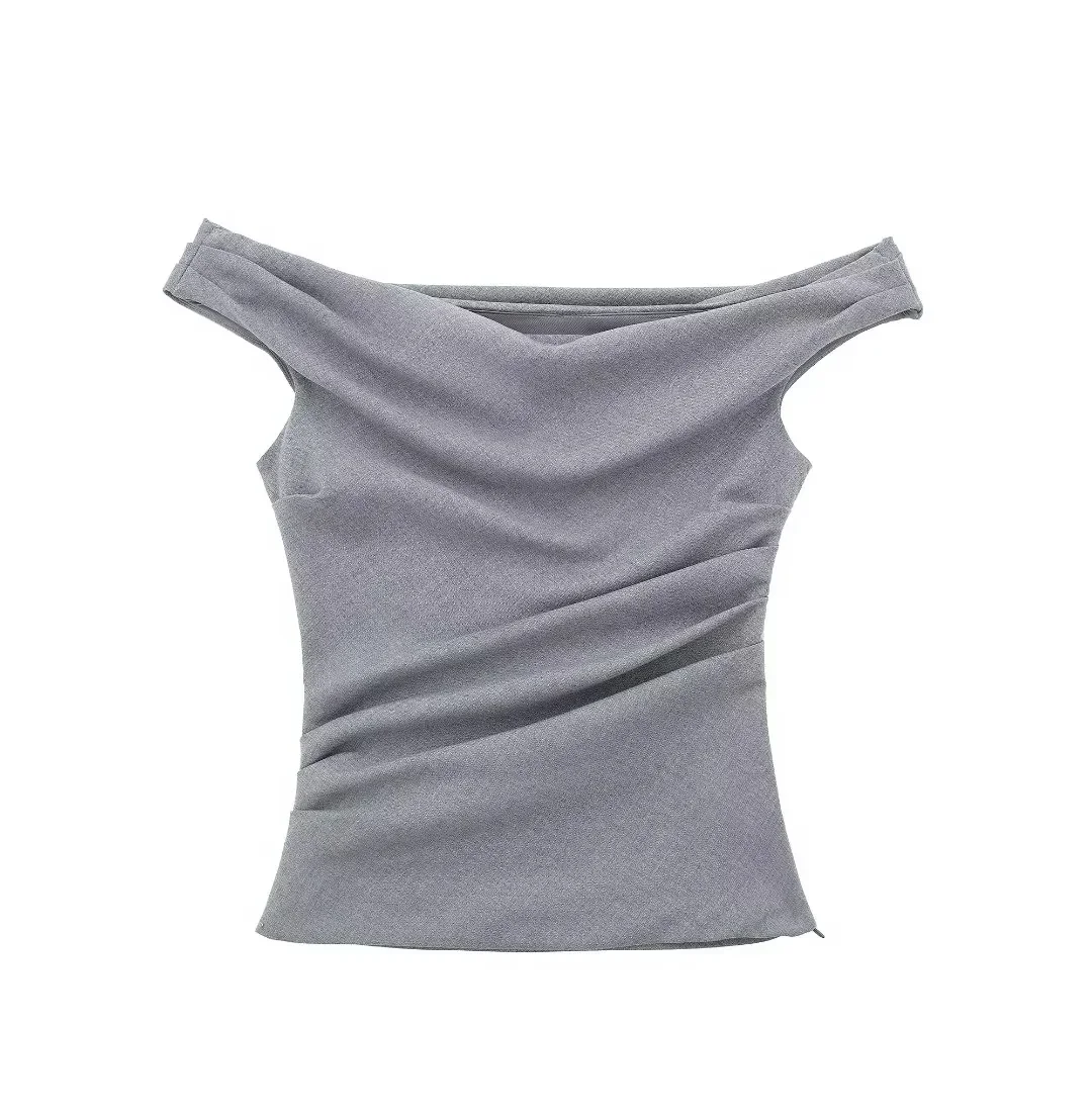 TRAF Ruched Grey Crop Top Women Off Shoulder Youth Blouses Woman Sleeveless Pleated Cropped Blouse Female Striped Bodycon Top