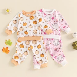 2024-05-21 Lioraitiin 0-3Y Baby Girls Outfit, Pumpkin Ghost Print Long Sleeve Crew Neck Sweatshirt Sweatpants Halloween Clothes