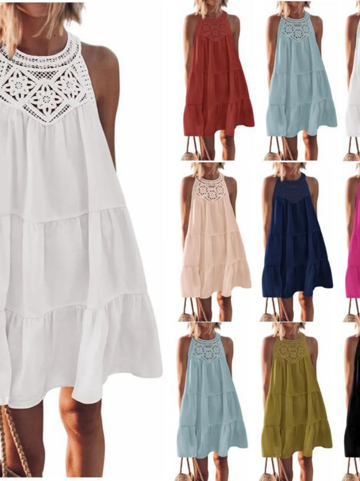 Falda de poliéster con encaje hueco y cuello halter para mujer, estilo casual básico de color liso, línea A, para verano