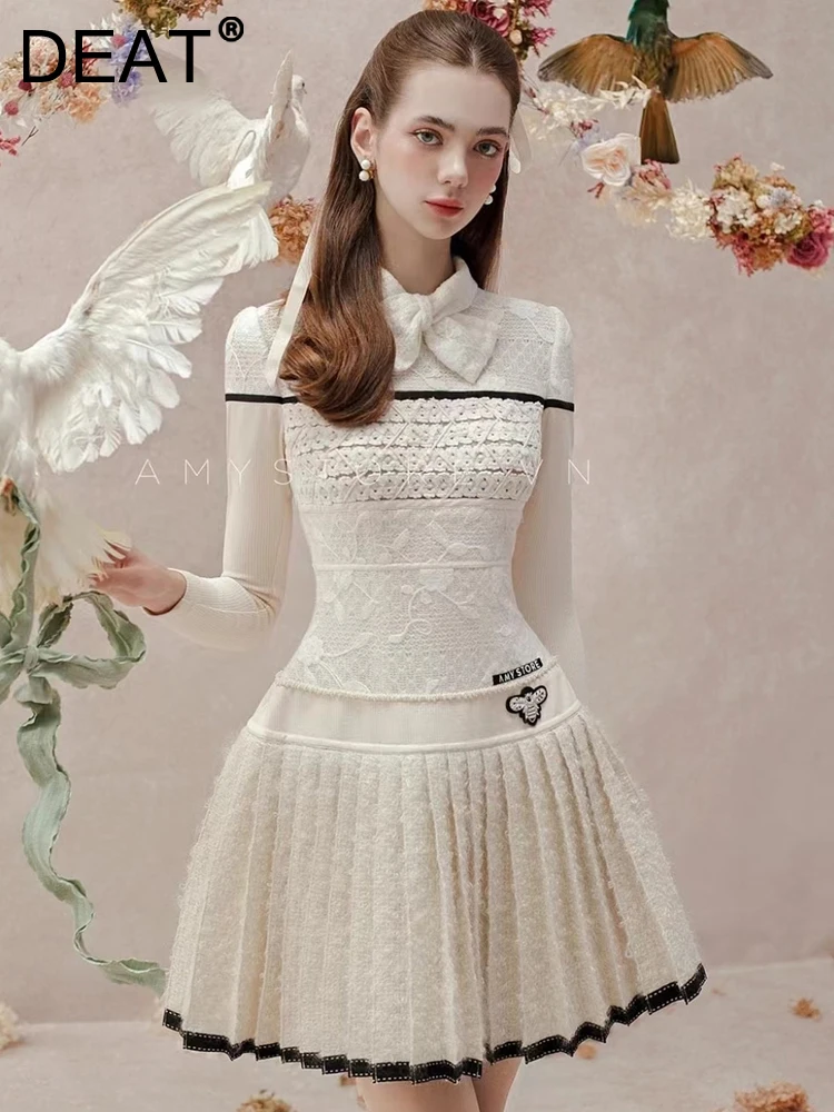 DEAT Elegant Dress Bow Collar Hollow Out Crochet Knitted Pleated A-line Women's Evening Party Dresses 2025 Spring New 35Z1445