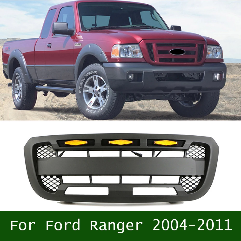 For Ford Ranger 2004-2011 Car Modified ABS Front Bumper Mask Grille Racing Grill with LED Lights Auto Exterior Parts Black