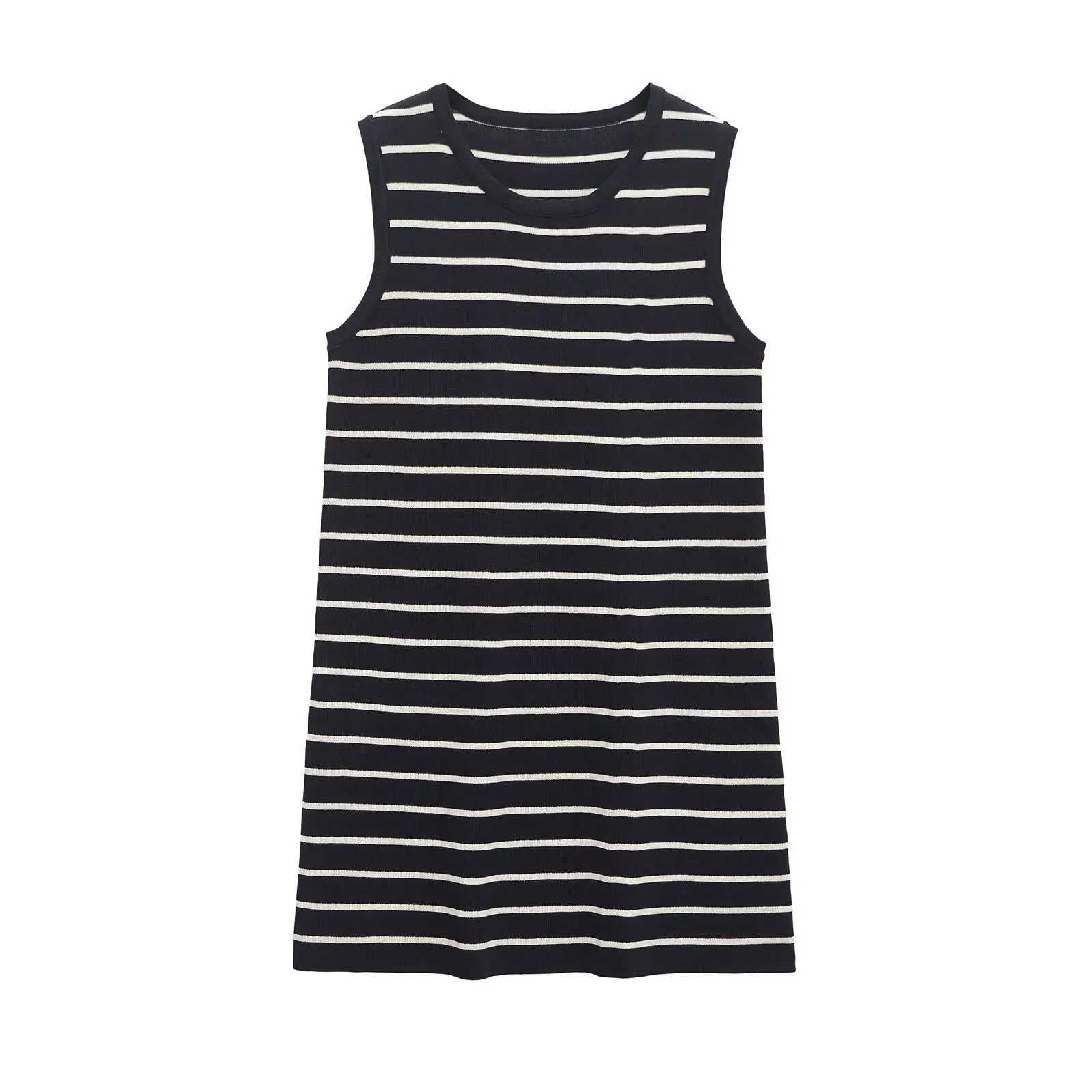 

New spring and summer women's fashion and temperament versatile round neck sleeveless striped knitted dress