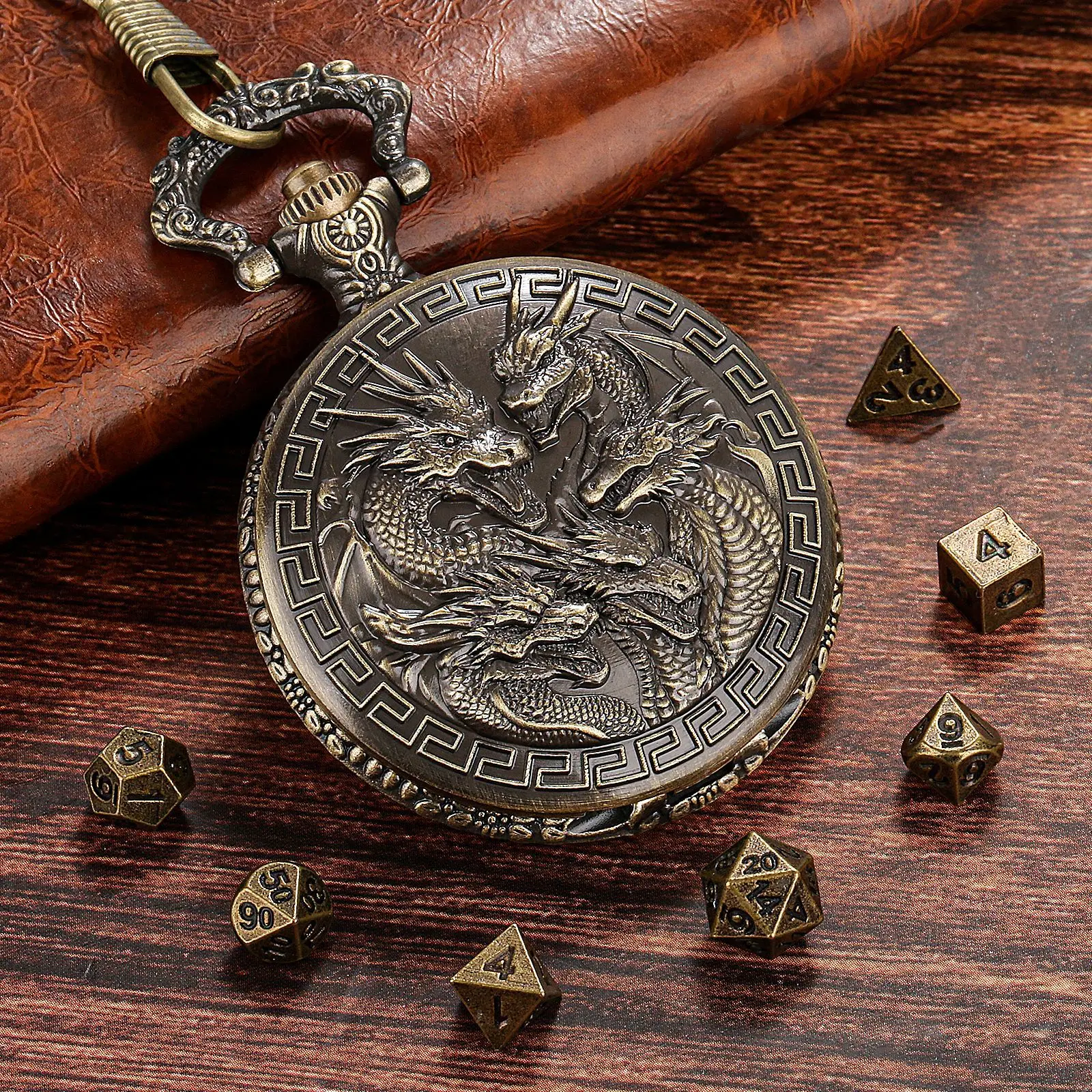 DND Dice Pocket Watch Case Vintage Embossed 3D Design with Five Dragon-Head Totems RPG Watch Box, Flip-Top Pocket Watch box