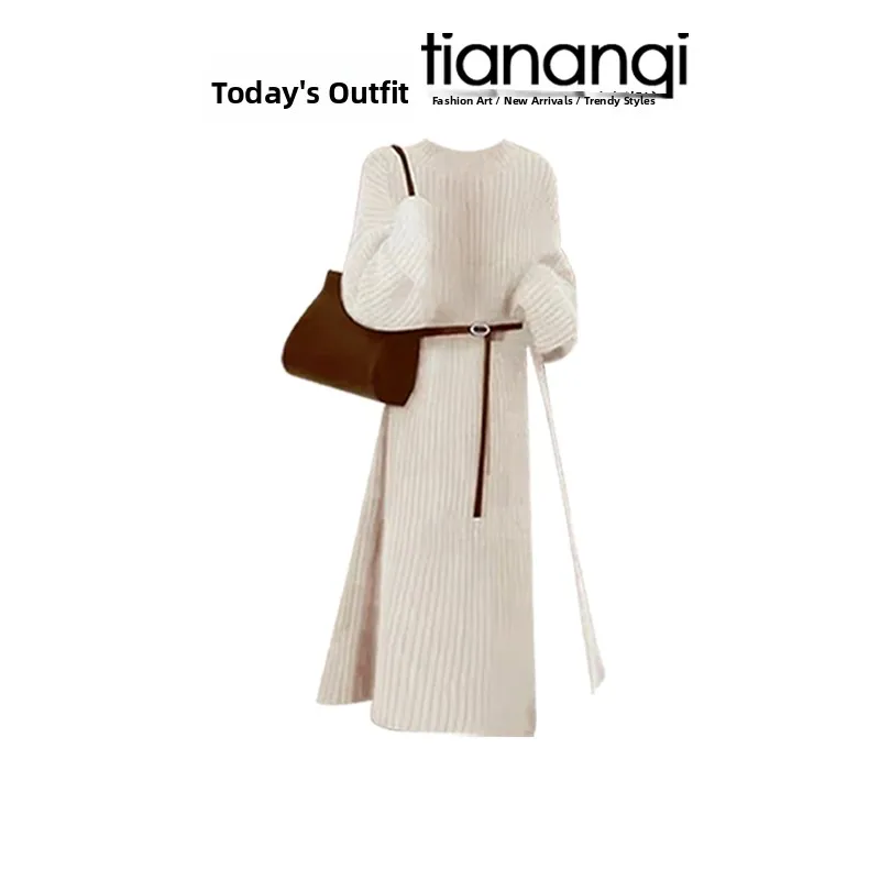 

Ladies Mid-Length Knitted Sweater Set with Slit Autumn Winter New Sle Chinese National Sle Face Skirt Two-Piece Set