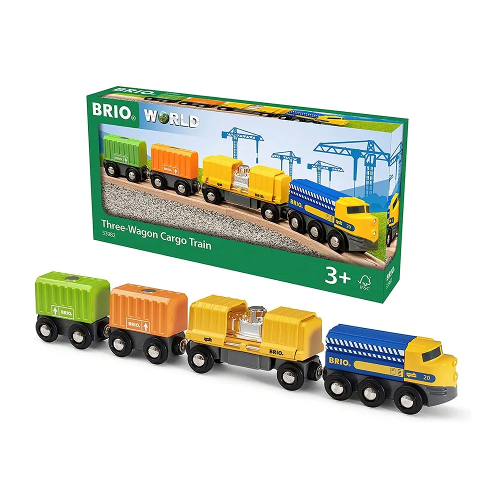 Brio 33982 Three-Wagon Cargo Train | Wooden Toy Train for Kids Age 3 and Up