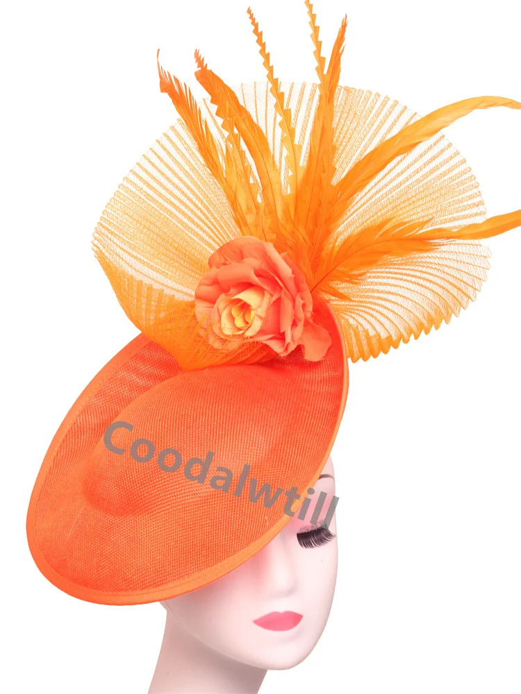 

Orange Vintage Feater Event Fascinator Hats Bride Veils Party Tea Headpiece Elegant Ladies Women Derby Race Pillbox Fascinator