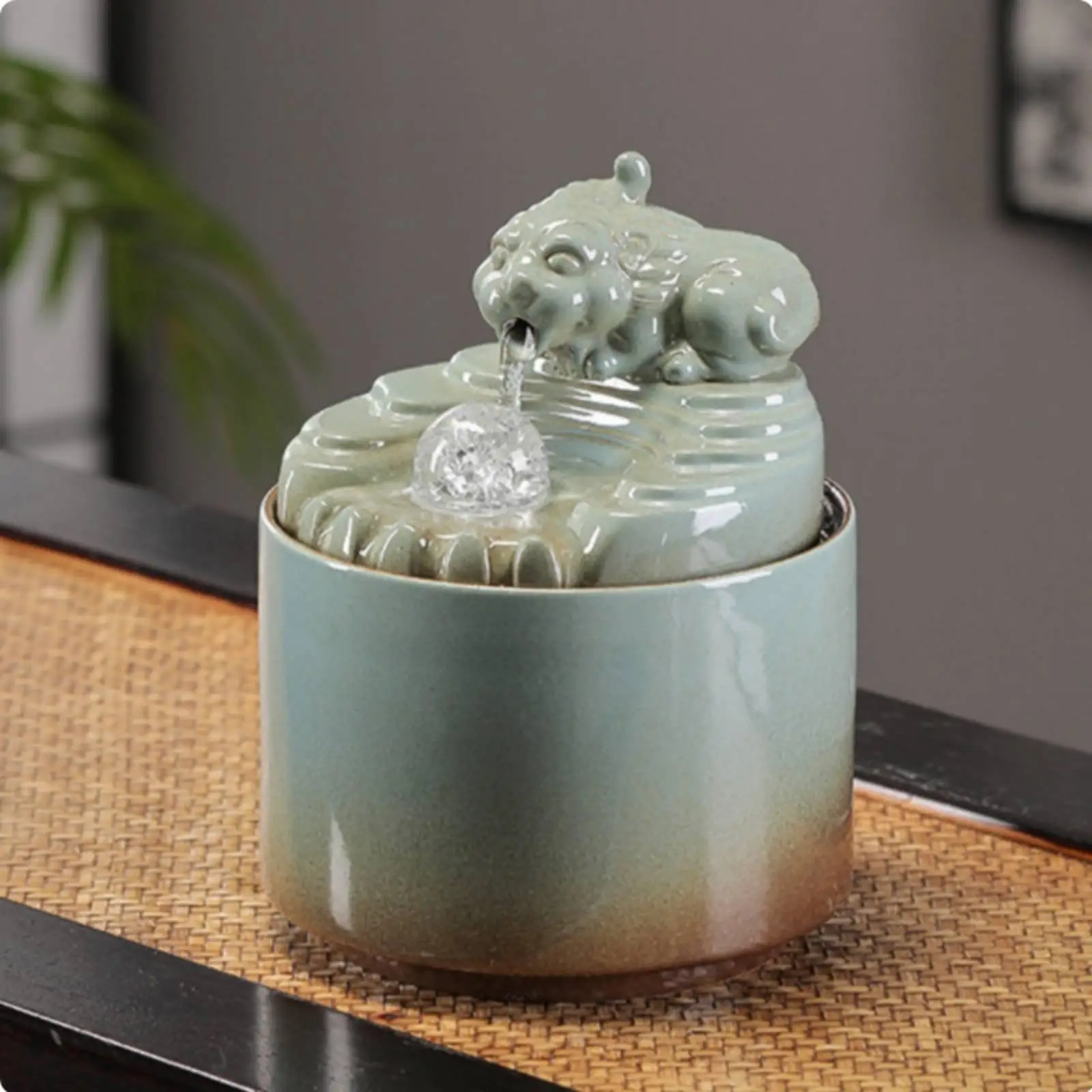 Feng Shui Ceramic Water Fountain for Workspace Decor Handcrafted Lion Motif Tabletop Cascading Water for Focus