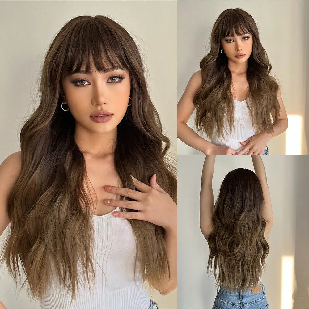 

Women Long Wavy Curly Wigs Highlight Ombre Brown Synthetic Women Daliy Cosplay