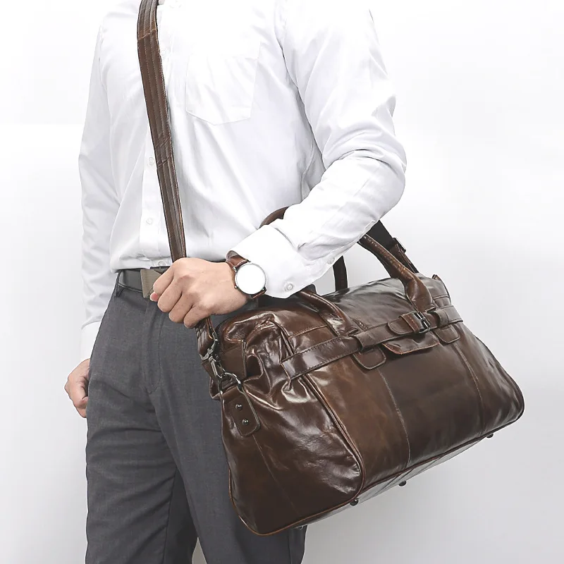 Men Vintage Cowhide Travel Bag Top Grain Leather Water Proof Anti-theft Durable Hand & Crossbody Duffle