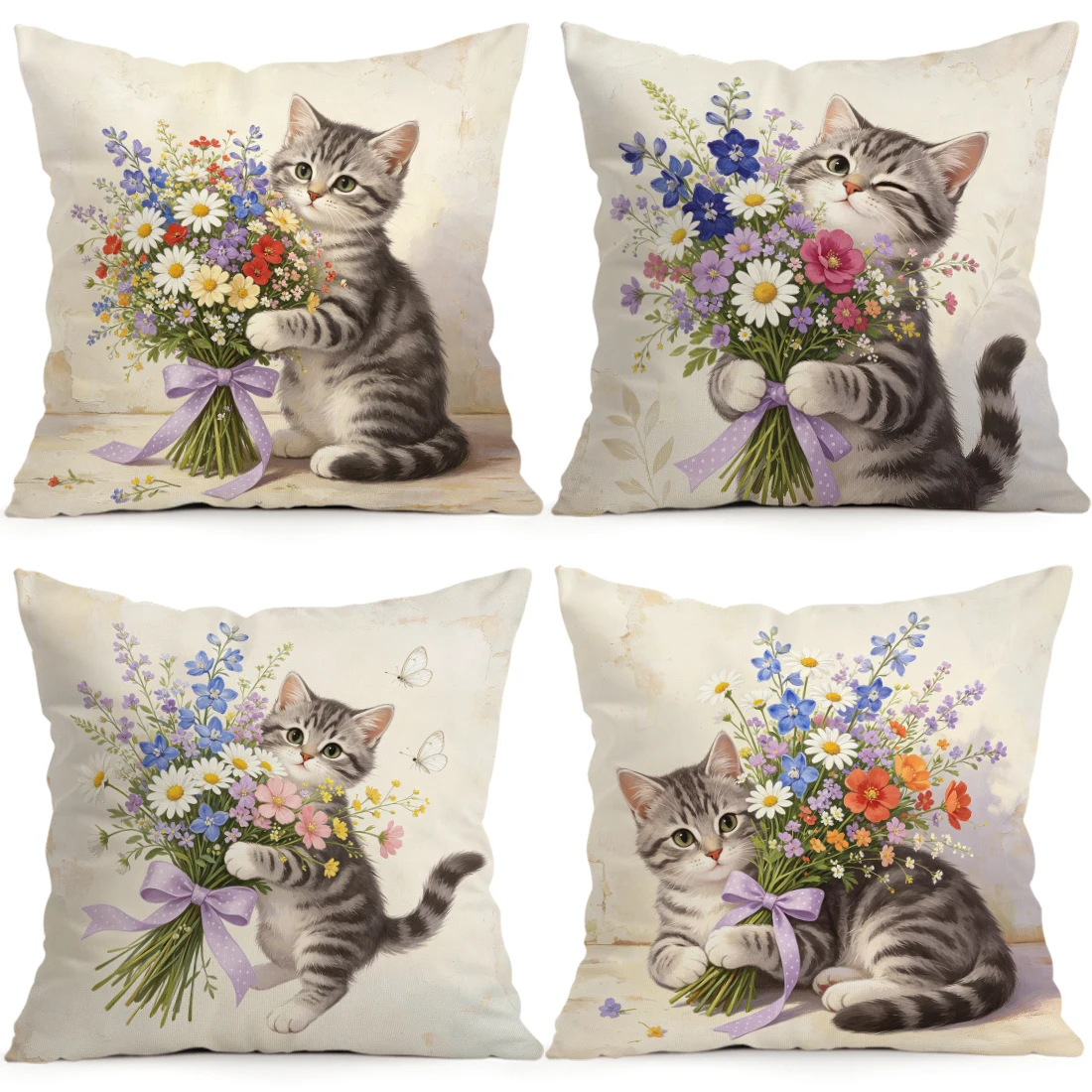 1/4pcs Kitten Holding Flowers Cushions Pillowcase Polyester Cushion Cover Throw Pillow Pillowcover Home Car Sofa Decor