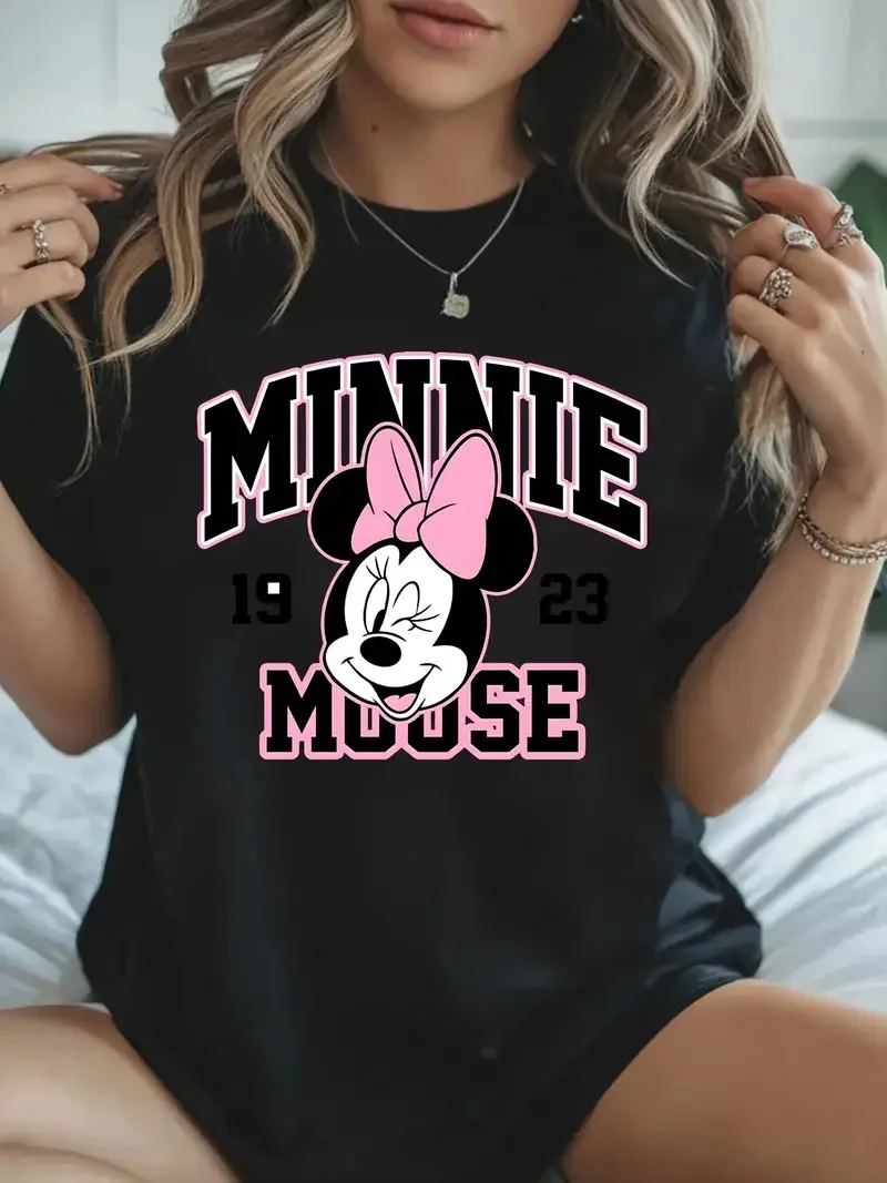 

2025 Disney Pattern Printed Women's Casual Comfortable Unique Smiling Face Black Round Neck Short Sleeve T-shirt