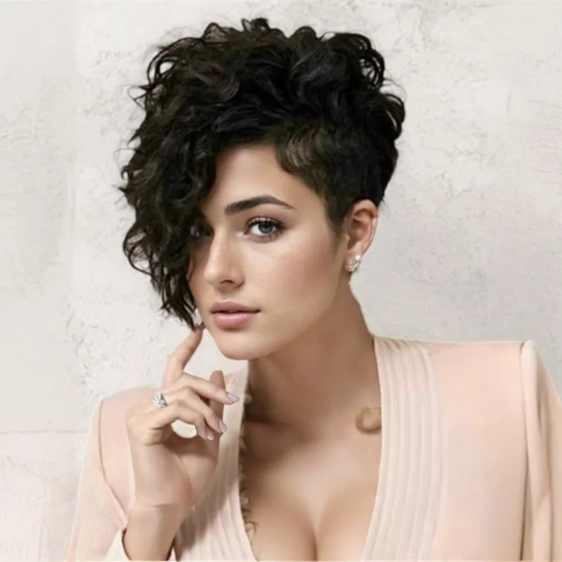 Curly short wig for women, high-temperature fiber, simulated burgundy color