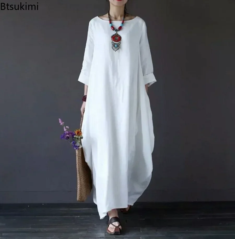 2024 Women\'s Casual Cotton Linen Dress Oversized Solid Loose Ankle Length Elegant Long Dress Female Half Sleeve Vestidos S-5XL