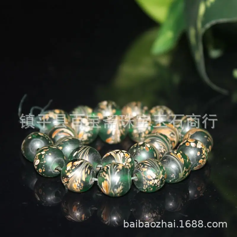 Imitation Of Ming Dynasty Period Antique Green-Tail Old Glass Round Bead Bracelet