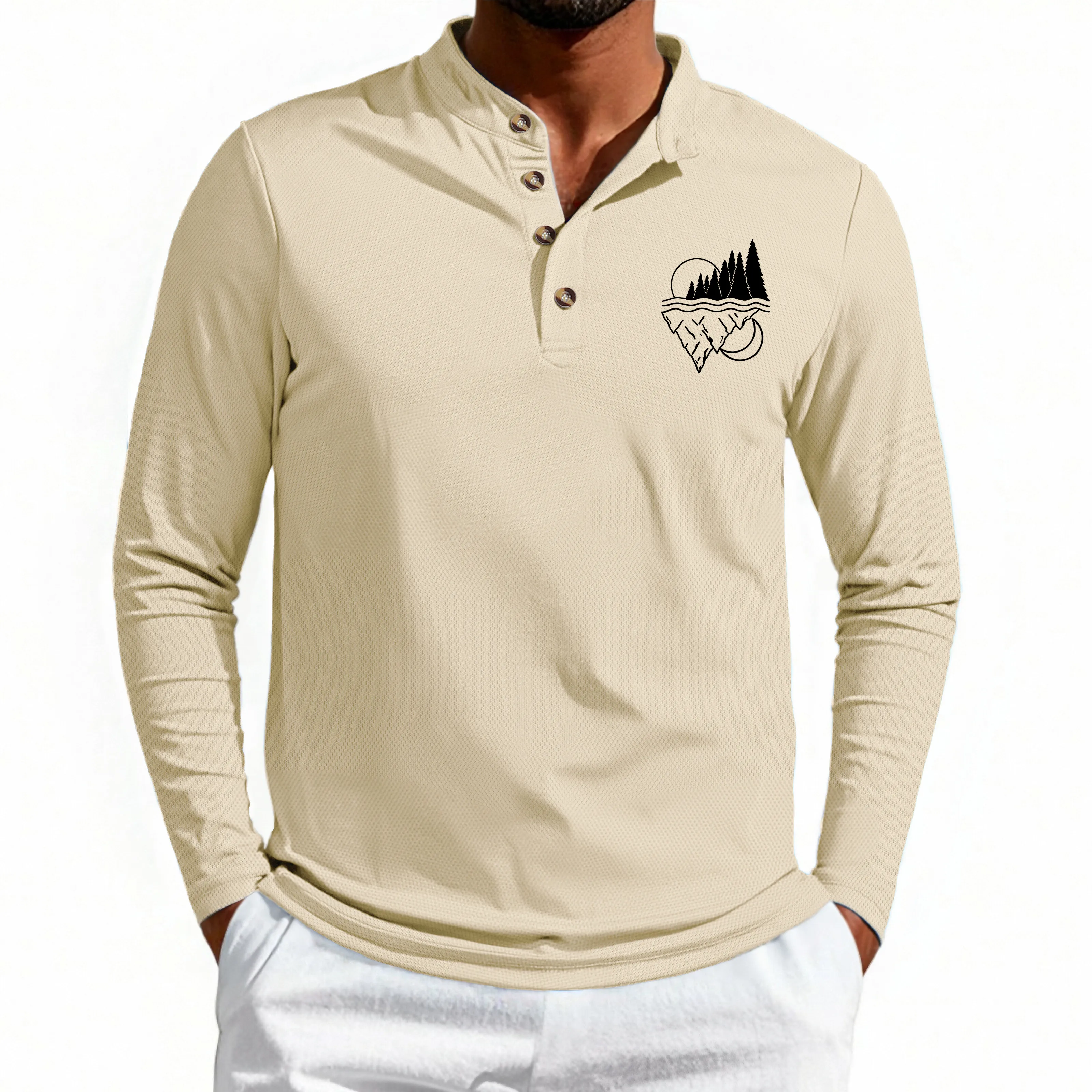 Spring and Autumn New Landscape Printed Polo Shirt Casual Solid Color Stand up Collar Long Sleeve