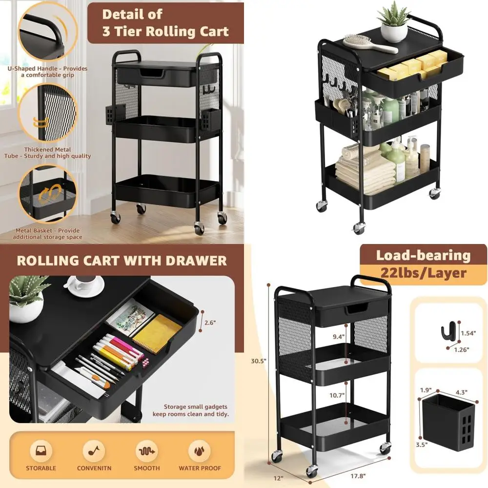 

3-Tier Metal Cart with Drawer, Rolling Utility Organizer on Wheels, Art Storage with Tabletop for Home and Office (Black)