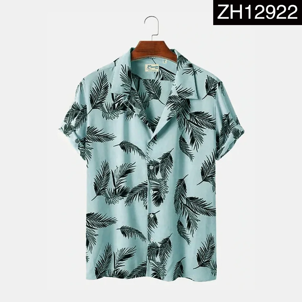 

New Hawaii Blue Shirt for Men Casual Leaves Print Beach Short Sleeve Cuban Tops Vintage Oversize Summer Tops