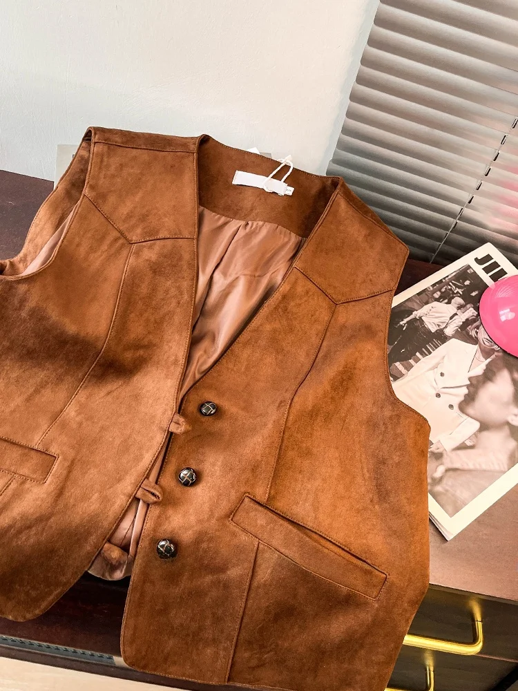 레트로 V넥 여성 조끼 2025 봄 루즈 레이어링 숄더 코트 탑 버튼 레귤러 길이 싱글 버튼 단색