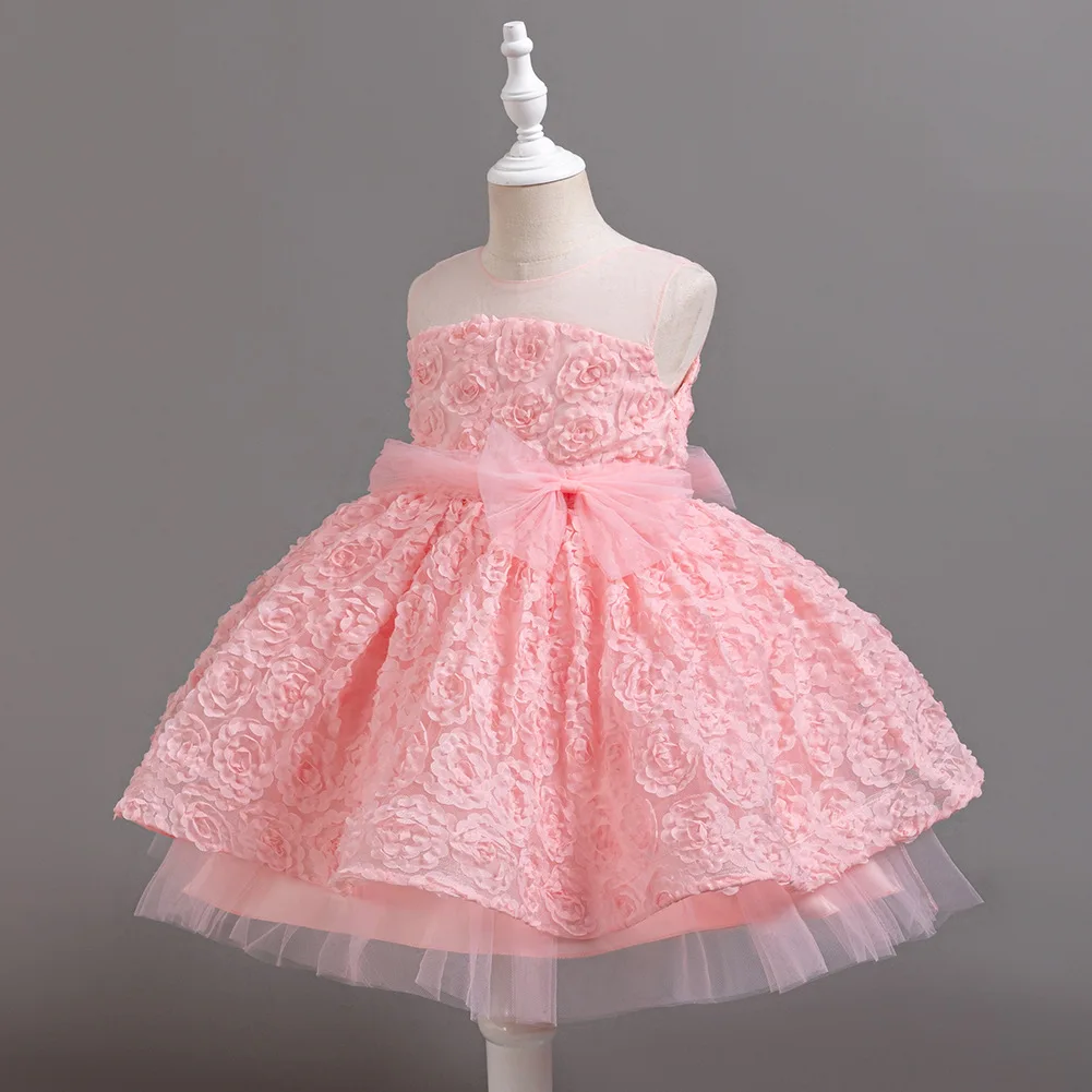 

Toddler Flower Girls Birthday Tulle Dress Sleeveless Bow Wedding Gown Kids Party Princess Dress Baby Performance Prom Dresses