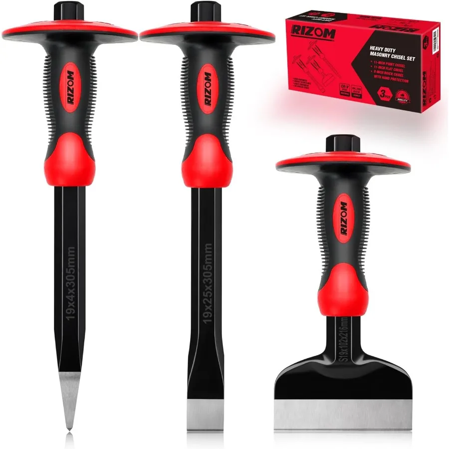 Set di scalpelli con protezione per le mani 3 pezzi di scalpelli per pietra e roccia, strumenti per muratura resistenti, inclusi punta da 11 pollici e piatto da 8 pollici Bric