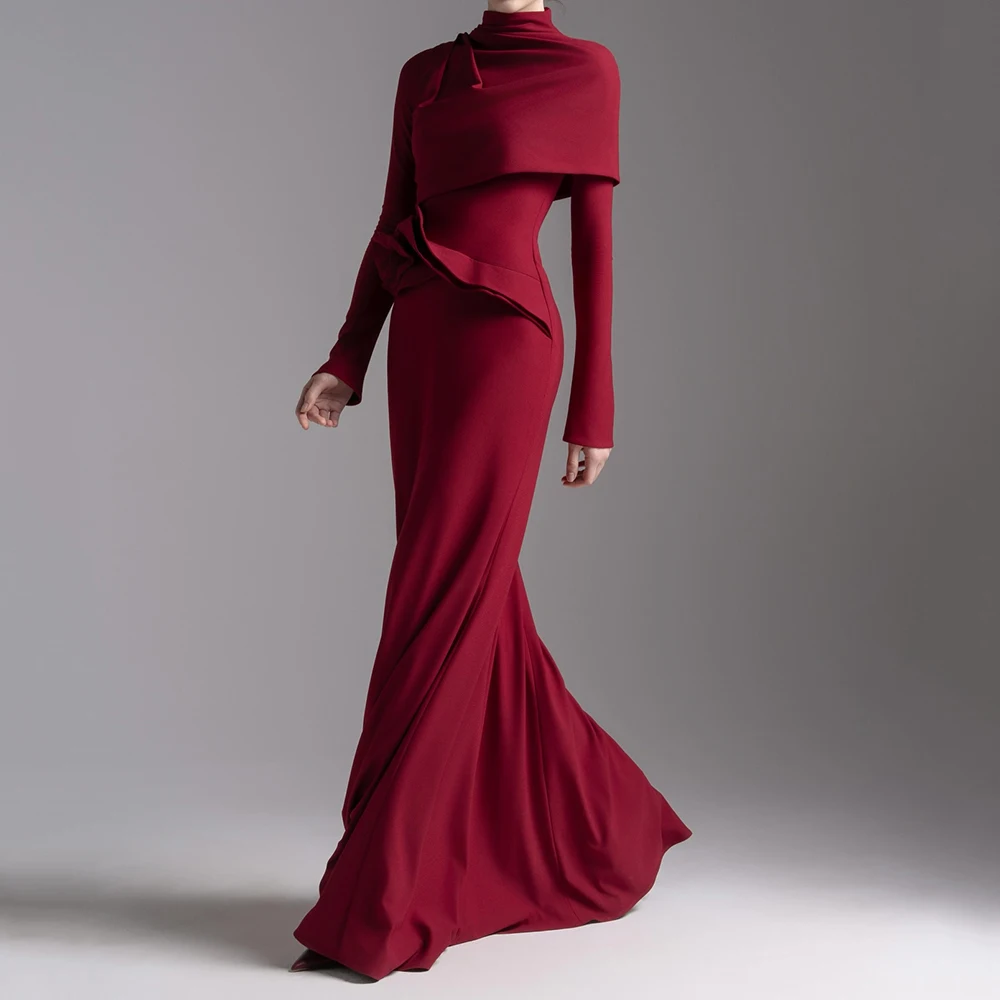 

Customized A-line Evening Dresses Floor-length High-neck Full Sleeve Prom Gown Fashion Stole Ruched Simple Draped Party Gown