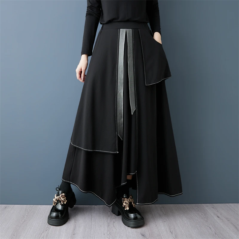 Dark Style Spliced Slimming White Line Long A-Line Skirt Fashionable Asymmetrical Elastic Waist Autumn Wear Casual High Waist...