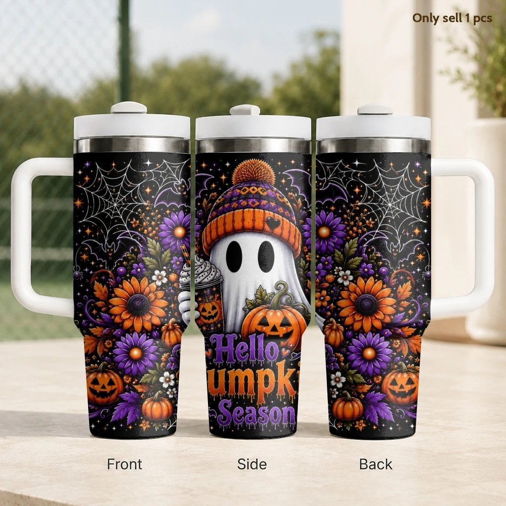 Floral Ghost Halloween Vacuum Flasks 40oz Stainless Steel Travel Tumbler with Handle Straw Lid Double Wall Vacuum Insulated