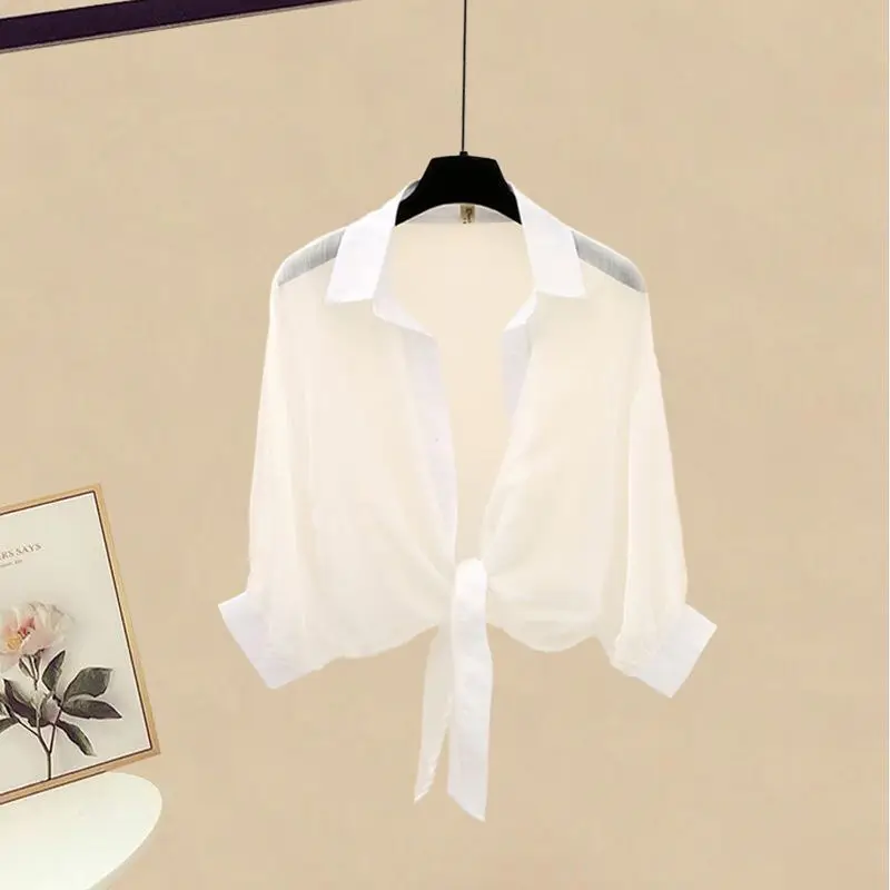 Camisa de chiffon com protetor solar feminina, Vestido dobrado com estampe, Mini vestido, Elegante, Sexy, Novo, Verão, Conjunto de 2 peças, 2024