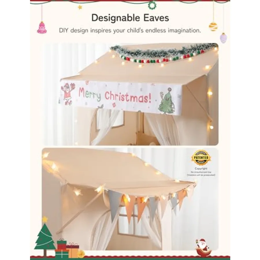 ベスレイ プレイテント エーブ付き幼児用テント 2 in 1 パッド入りマットとライト付き 大型プレイハウス 2つのドアと2つの窓付き 室内/屋外用