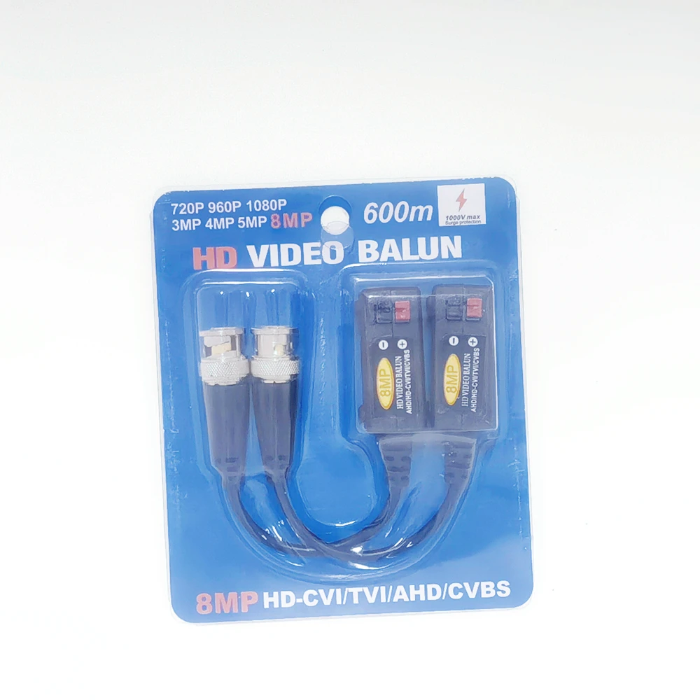 Balun de vídeo analógico de un solo puerto, convertidor de vídeo pasivo UTP de 8MP, HD, hasta 350-600M, HD-CVI/TVI/AHD/CVBS, 10 pares