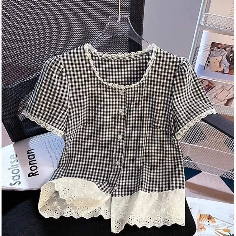 

2025 Women Preppy Style Summer Lace Patchwork Short Sleeve Shirts Lady Korean Chic Black Plaid Blouse Fashion Joker Tops Female