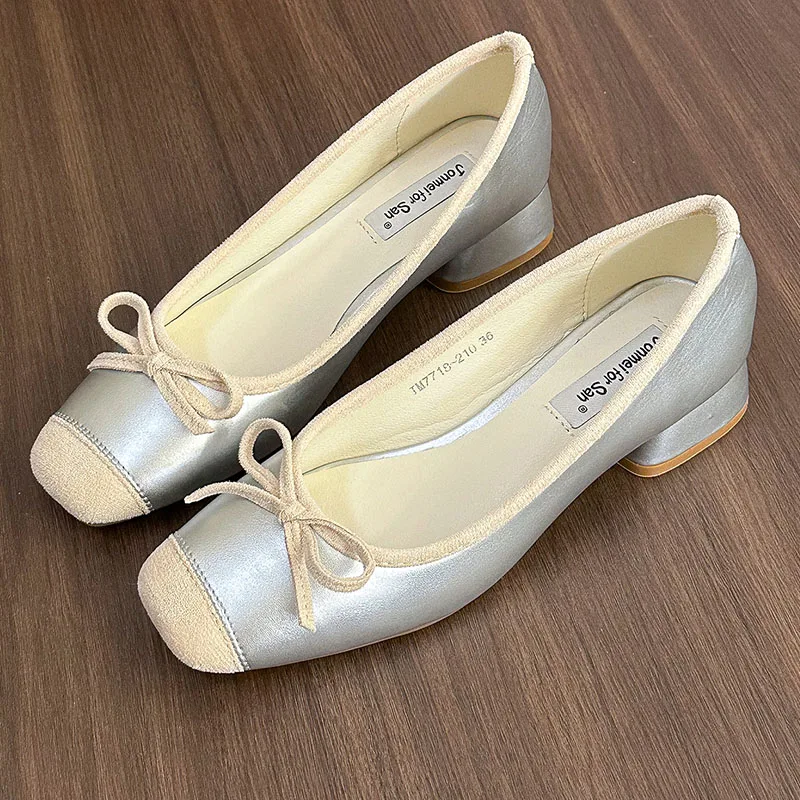 French Square Toe Bow Flats Shoes 2024 New Autumn Shallow Fairy All-match Gentle Office Dress Low Heels Pumps Female Ballerina