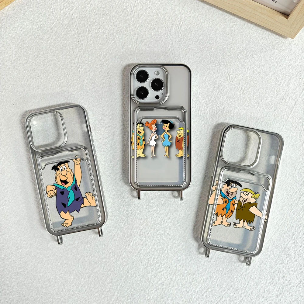 The Cartoon F-Flintstones Electroplated Transparent Card Holder Wallet Photo Case For iPhone 11 12 13 14 15 Pro Max