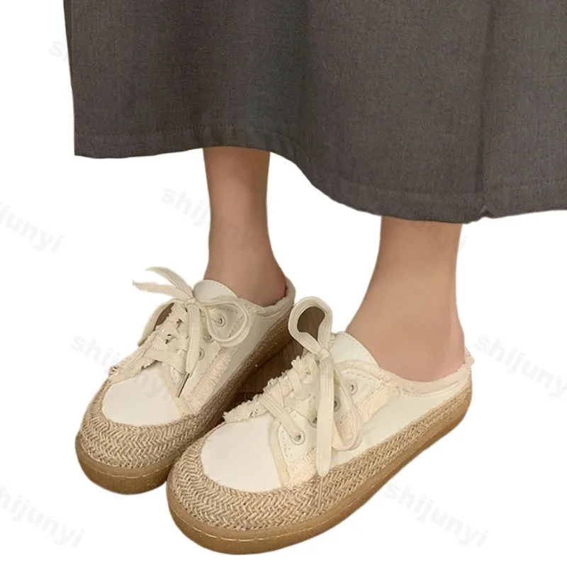 Fashion Casual Lace Up Canvas Shoes for Women 2024 Autumn New Designer Half Slipper Shoes Female Flat Casual Sneakers Ladies image 6