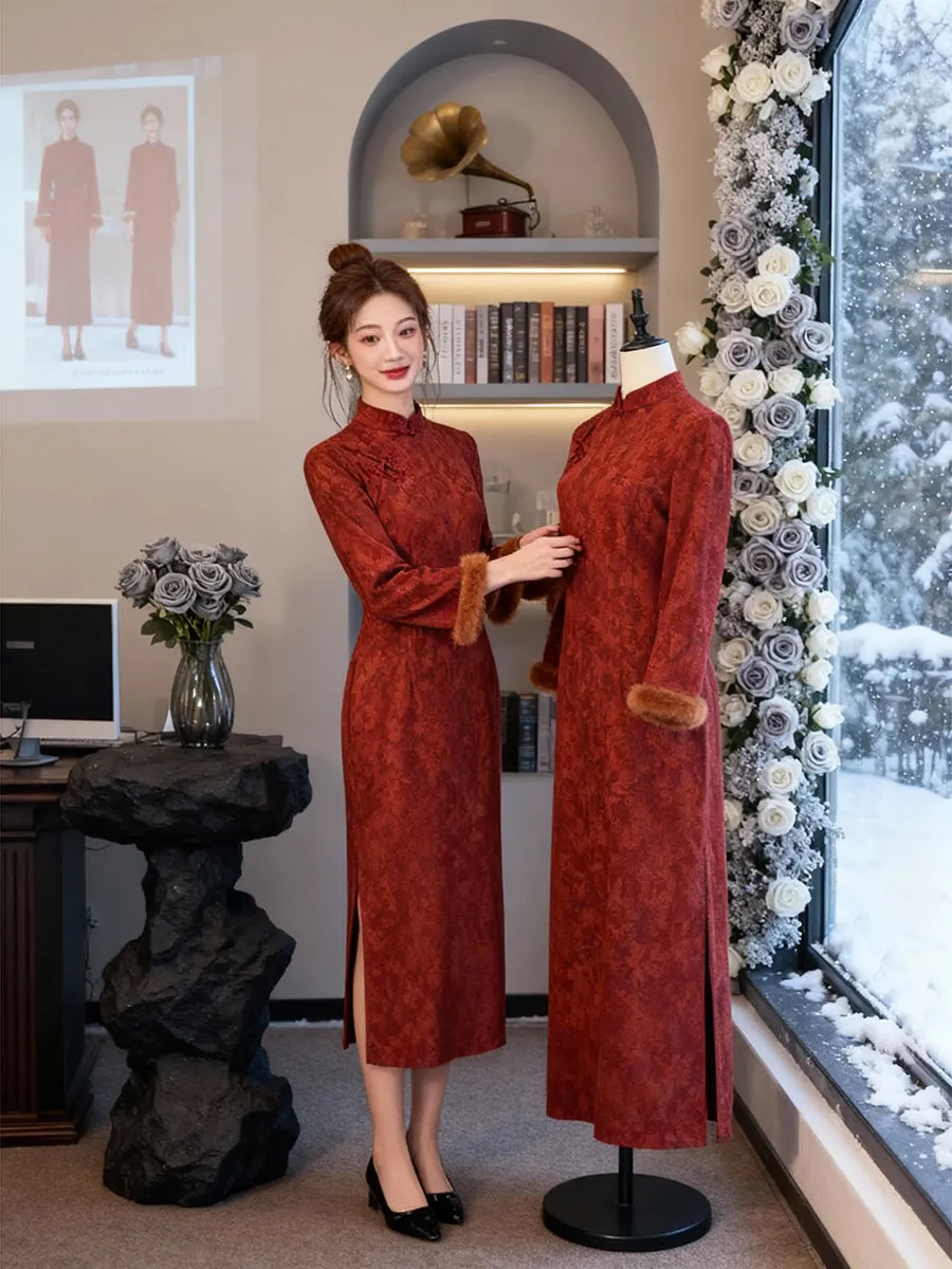 red-traditional-chinese-sle-retro-long-qipao-dr-beautiful-waist-cinching-split-warm-thiened-long-sve-mid-length-skirt