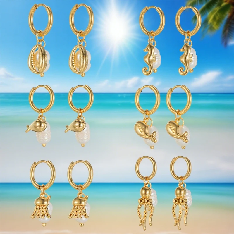 Gold Plated Shell Octopus Whale Dolphin Pearl Pendant Hoop Earrings For Women Stainless Steel Ocean Beach Jewelry Vacation Gifts