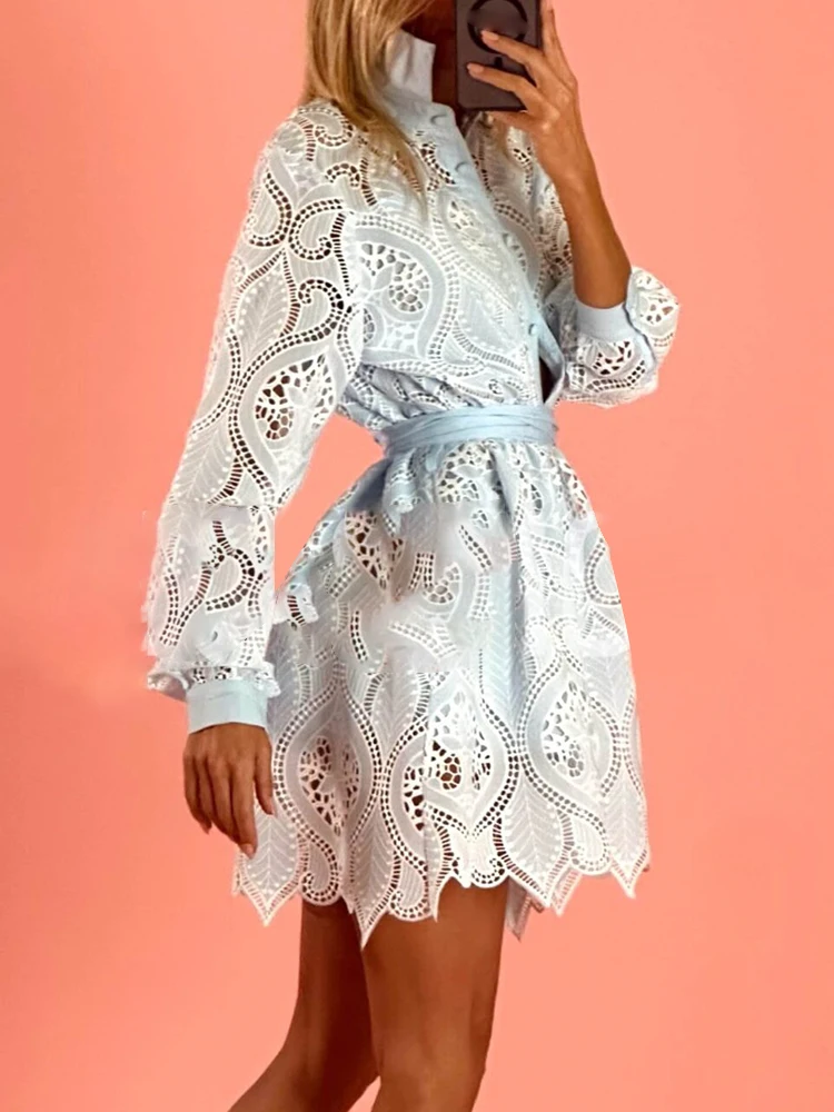 VGH Hollow Out Embroidery Mini Dresses For Women Lapel Long Sleeve High Waist Patchwork Single Breasted Elegant Dress Female New