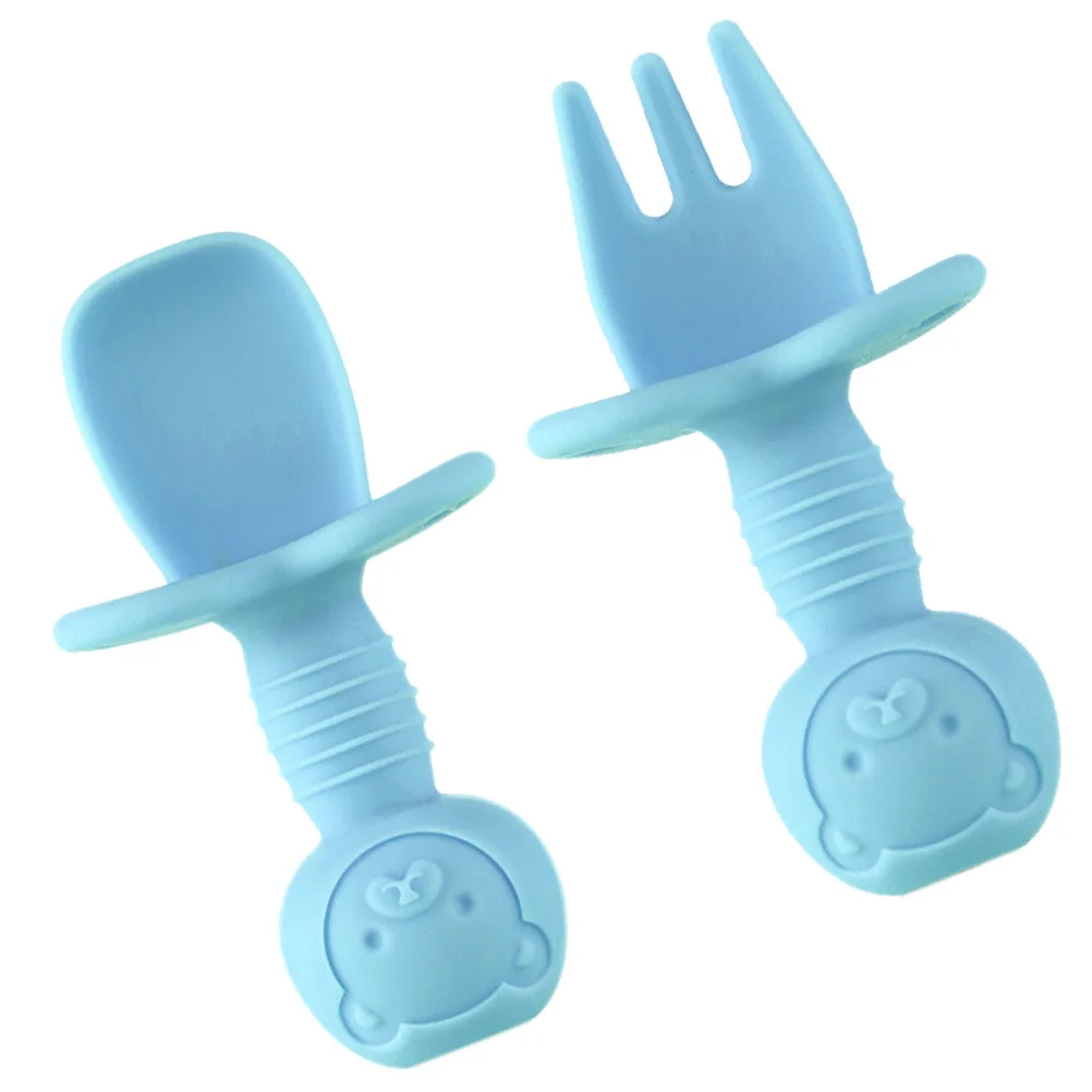 2 قطعة ملعقة تغذية الطفل شوكة مجموعة سيليكون السلس سهلة التنظيف مقاومة درجات الحرارة العالية صديقة للبيئة رأس مستدير للأطفال الرضع