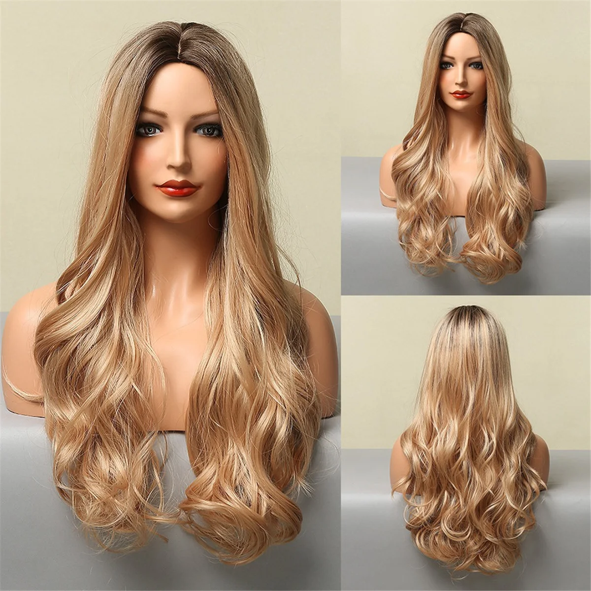 Synthetic Dark Wig Gradient Gold Long Wave Wigs for Women Hair Wig Resistant Party Daily Natural Use