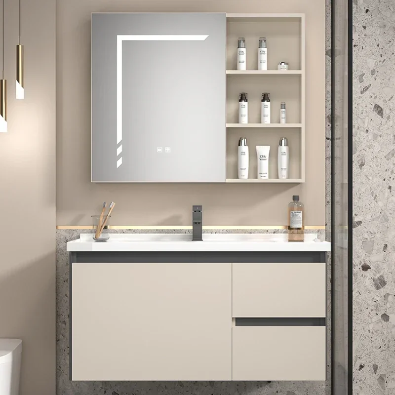 

Cream Style Space Aluminum Bathroom Cabinet Washbasin Combination Ceramic Integrated Rock Plate Armadietto Room Furniture