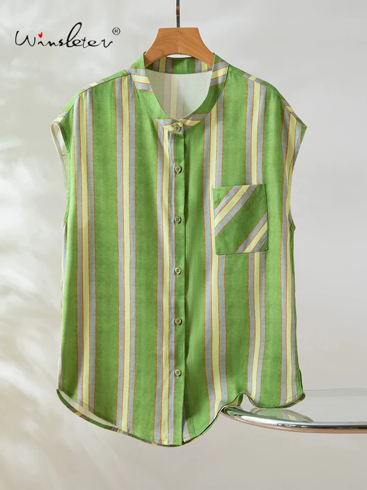 

Winsleter-100%Spun Silk Elegant Shirt, Sleeveless O Neck Striped, Women Fashion Commute Loose Blouse, 2026 Summer New T63805CC