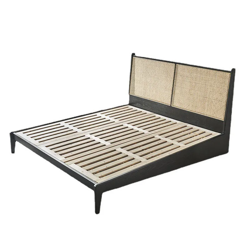 Vine woven bed, Nordic solid wood bed, Japanese style homestay, white wax wood creative retro double bed, household use