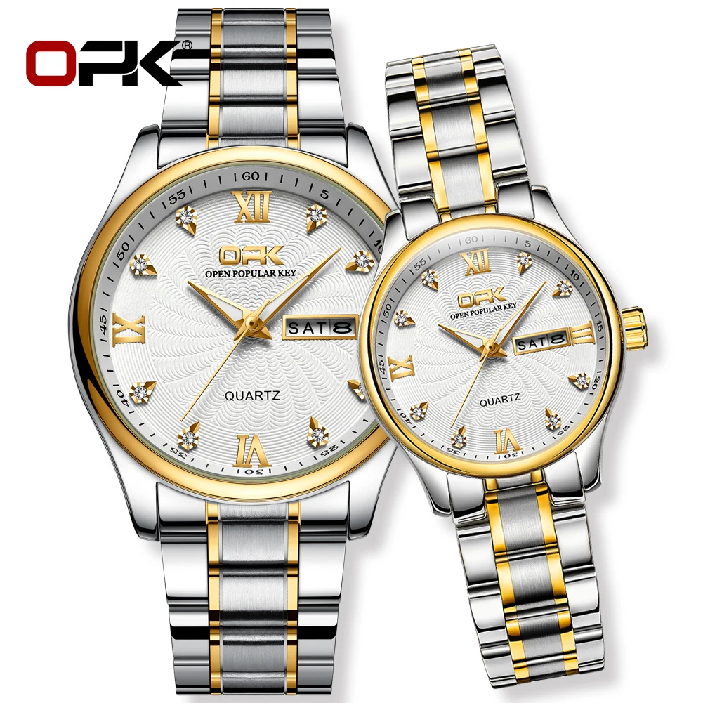 OPK Fashion Diamond Quartz Couples Watches Week Stainless Steel Waterproof Watch Luminous Couple Luxury Wristwatches