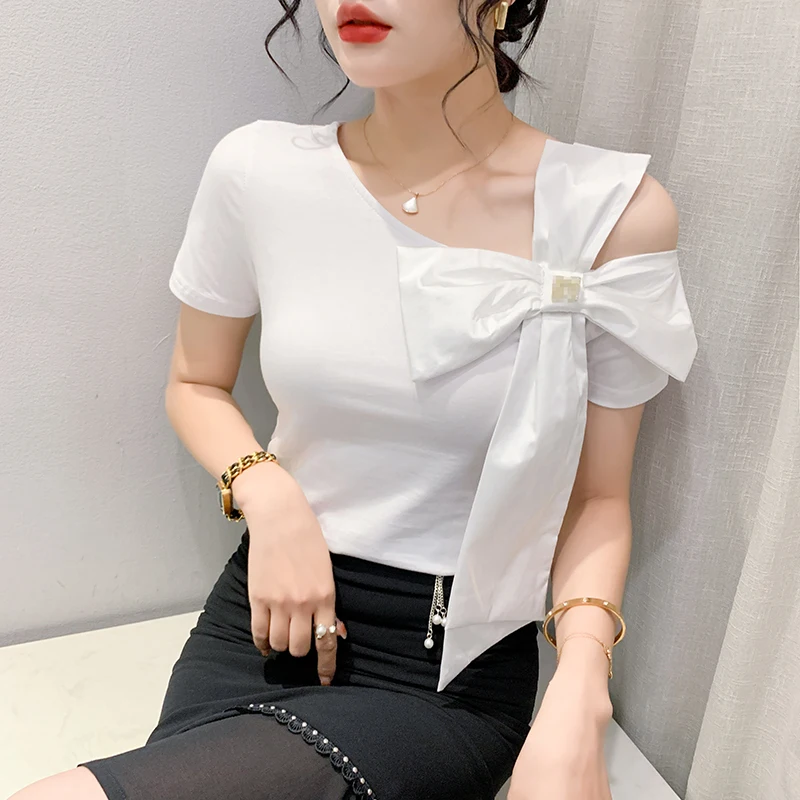 2023 Summer Korean Style New T-Shirt Chic Sexy Hollow Out Skew Collar Color Blocking Big Bow Women Tops Short Sleeve Tees 32480